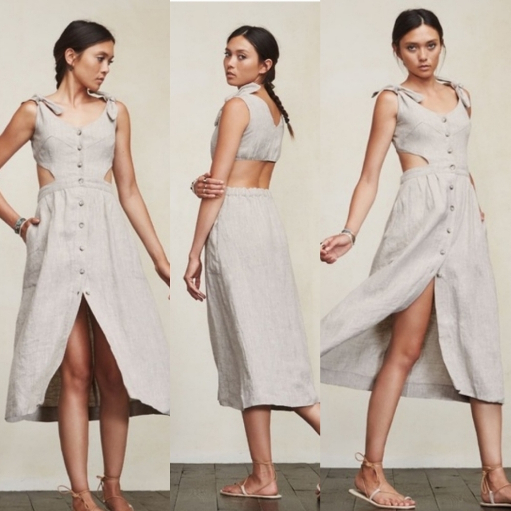 Reformation Gisela Dress Grey Floral Tie Shoulder Cutout Buttondown 2 - Picture 7 of 13